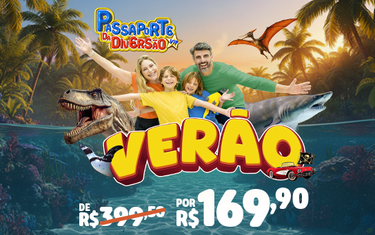 Passaporte da Diversão Básico incluindo 5 atrações: Oceanic Aquarium, Aventura Jurássica, Aventura Pirata, Classic Car Show e Cinema 3D
