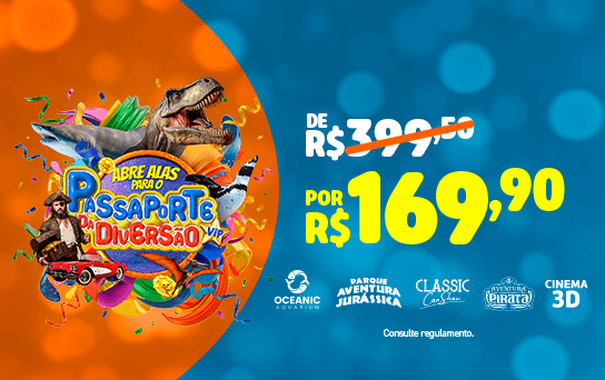 Passaporte da Diversão Básico incluindo 5 atrações: Oceanic Aquarium, Aventura Jurássica, Aventura Pirata, Classic Car Show e Cinema 3D