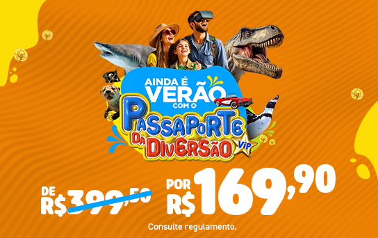 Passaporte da Diversão Básico incluindo 5 atrações: Oceanic Aquarium, Aventura Jurássica, Aventura Pirata, Classic Car Show e Cinema 3D
