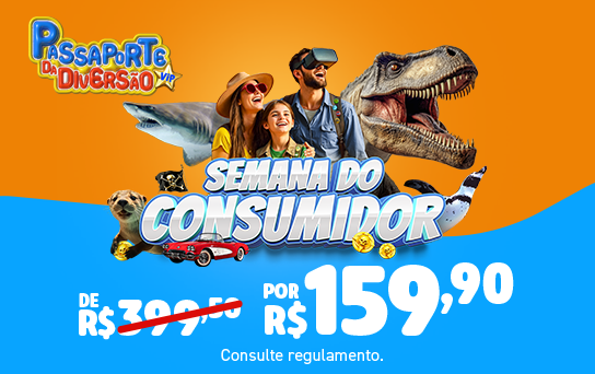 Passaporte da Diversão Básico incluindo 5 atrações: Oceanic Aquarium, Aventura Jurássica, Aventura Pirata, Classic Car Show e Cinema 3D
