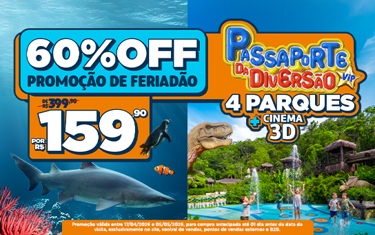 Passaporte da Diversão Básico incluindo 5 atrações: Oceanic Aquarium, Aventura Jurássica, Aventura Pirata, Classic Car Show e Cinema 3D