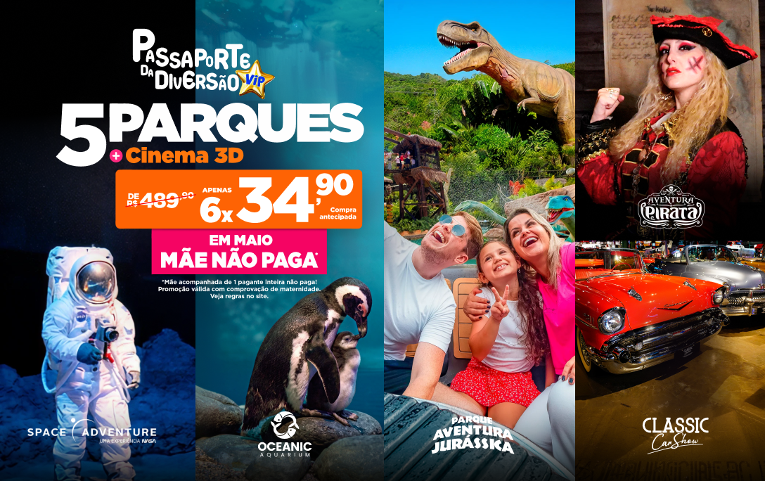 Passaporte da Diversão Básico incluindo 5 atrações: Oceanic Aquarium, Aventura Jurássica, Aventura Pirata, Classic Car Show e Cinema 3D