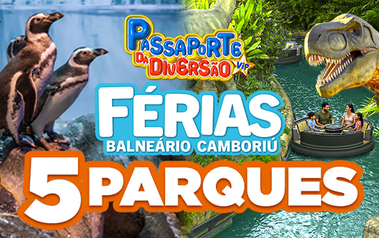 Passaporte da Diversão Básico incluindo 5 atrações: Oceanic Aquarium, Aventura Jurássica, Aventura Pirata, Classic Car Show e Cinema 3D