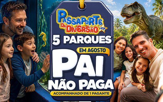 Passaporte da Diversão Básico incluindo 5 atrações: Oceanic Aquarium, Aventura Jurássica, Aventura Pirata, Classic Car Show e Cinema 3D