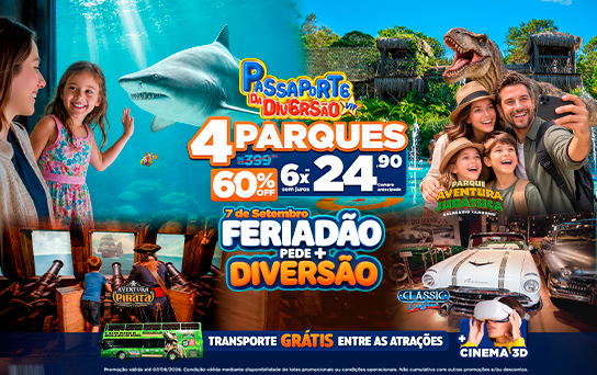 Passaporte da Diversão Básico incluindo 5 atrações: Oceanic Aquarium, Aventura Jurássica, Aventura Pirata, Classic Car Show e Cinema 3D